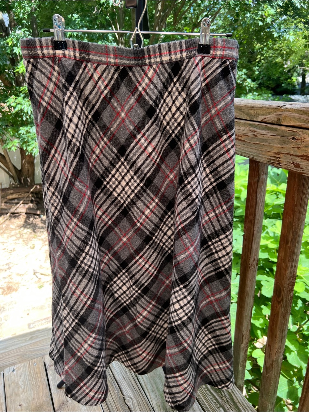Southern Lady Plaid A-Line Skirt in Gray, Black and Red Wool Blend